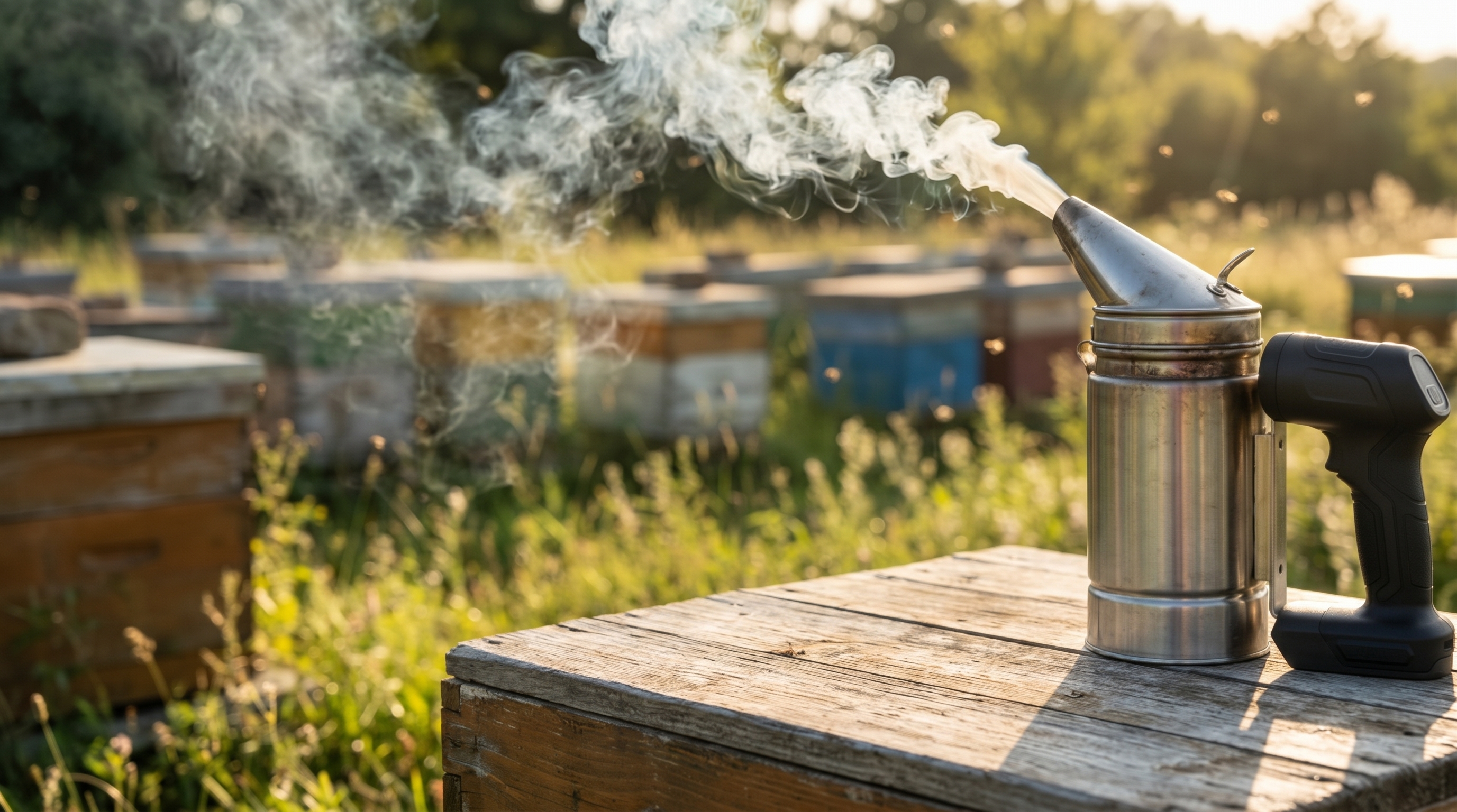 Beesmoke yellow electric handle fitted to a stainless steel bee smoker in an apiary